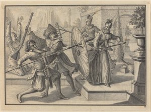 Pantaloon og lægen kæmper med akeleje og brigatella i haven af Johann Jacob Schubler