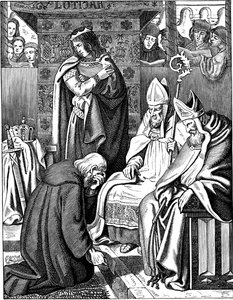 Ludvig den fromme gør bod i Attigny i 822 Illustration fra det tyske folks historie af E. Duller, 1840