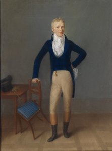 Portræt i fuld længde af en lyshåret herre i ridekostume, lænet på stoleryggen af Johann Lorenz Kreul