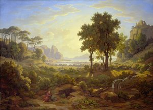 Italiensk landskab ved solnedgang