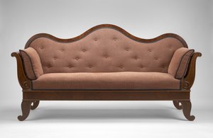 sofa, c. 1855 (sort valnød; sort valnøddefiner, uidentificerede sekundære træsorter og moderne polstring) af Johann Michael Jahn