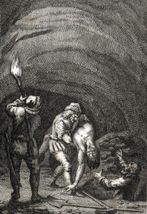 Vilhelm II af Hollands død dræbt af friserne, som i hemmelighed begravede ham under gulvet i et hus Gravering af Johann Michael Mettenleiter (1765-1853) 1800 Privat samling