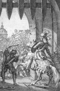 The Entered to Rom af Henrik VII af Luxembourg (1275-1313) i 1312 (Henry VII, hellig romersk kejser, da han gik ind i Rom for at blive kronet som kejser 1312) Gravering af Johann Michael Mettenleiter (1765-1853) 1800 privat samling
