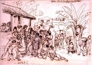 Indianere på besøg på en ejendom, Brasilien, ca. 1825 (pen og brunt blæk over blyant) af Johann Moritz Rugendas