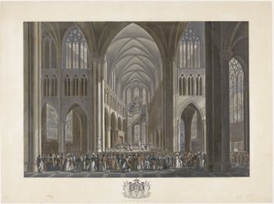 Velsignelse af kong Vilhelm I i Saint Gudula-kirken i Bruxelles den 21. september 1815 Tolv plader med ankomsten og indvielsen af ​​William I i Bruxelles og kampene ved Quatre-Bras og Waterloo i 1815 (serietitel) af Johann Nepomuk Gibèle (possibly)