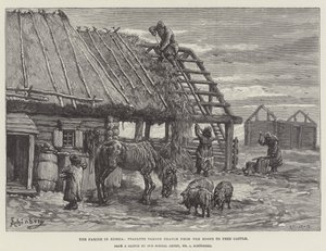 Hungersnøden i Rusland, bønder, der tager stråtækt fra tagene for at fodre kvæg af Johann Nepomuk Schonberg
