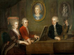 Familien Mozart: ved klaveret, Wolfgang og hans søster Nannerl; far Leopold Mozart med violin ... (olie på lærred)