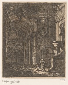 To figurer oplyser gamle ruiner med en fakkel Gamle ruiner og bygninger (serietitel) Alcune Inventione de Ruini et Architectura (...) (serietitel) af Johann Oswald Harms
