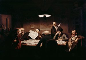 ""Læsesalen"" Mænd omkring et dårligt oplyst bord læser pressen - Maleri af Johann Peter Hasenclever (1810-1853) 1843 Staatliche Museen, Berlin
