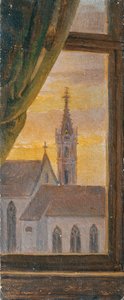 Udsigt gennem et vindue af et gotisk kirketårn af Johann Peter Krafft