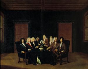 Den spanske arvefølgekrig: "" De befuldmægtigede samledes omkring Marechal-hertugen af Villars og prins Eugene af Savoy-Carignan (Savoie Carignan, greve af Soissons (1663-1736) ved fredskongressen i Borden den 7/09/1714" ” Maleri af Johan Rudol af Johann Rudolph the Elder Huber