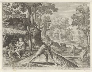 Adam og Eva på arbejde uden for det jordiske paradis Historien om Kains familie / Om gode og dårlige værker (serietitel) Boni et mali scientia (serietitel) af Johann Sadeler (I)