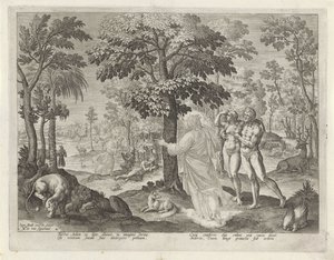 Adam og Eva i paradis Historien om Kains familie / Om gode og dårlige værker (serietitel) Boni et mali scientia (serietitel) af Johann Sadeler (I)