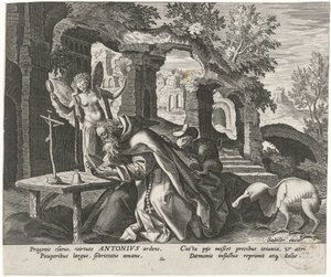 Anthony den Store som eneboer Mandlige eremitter (serietitel) Solitudo Sive Vitae Patrum Eremicolarum (serietitel) af Johann Sadeler (I)