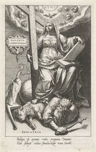 Kristen religion (Religio Christiana) overvinder afgudsdyrkelse (Idolatria) Religion Christiana (titel på objekt) Dyderne erobrer lasterne (serietitel) af Johann Sadeler (I)