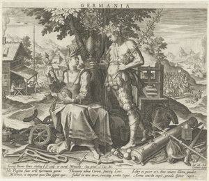 Tyskland med Ceres og Bacchus Germania (titel på objekt) Allegoriske fremstillinger af europæiske lande (serietitel) af Johann Sadeler (I)