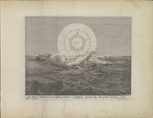 Første scheppingsdag: scheiding van licht en darknessen Schepping van de wereld (serietitel) Dette er det bibelske teater for det gamle og det nye testamentes hellige historie udtrykt i bronzeplader (serietitel) af Johann Sadeler (I)