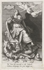 Bøn (Precatio) overvinder hykleri (Fucus) Precatio (titel på objekt) Dyderne erobrer lasterne (serietitel) af Johann Sadeler (I)