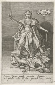 Retfærdighed (Justitia) overvinder vold (Violentia) Retfærdighed (titel på objekt) Dyderne erobrer lasterne (serietitel) af Johann Sadeler (I)