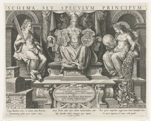 Autoritet (Potestas), Prestige (Nobilitas) og Velvilje (Liberalitas) Titeltryk til en serie om en prinss kvaliteter Prinsens vigtigste aktiviteter (serietitel) Schema, seu speculum principum (serietitel) Skema, sev specvlvm af Johann Sadeler (I)