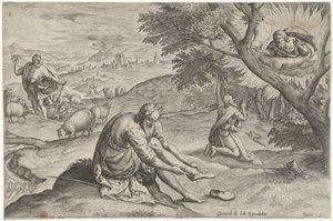 Gud viser sig for Moses i den brændende busk Historien om Moses før udvandringen (serietitel) Historia plagarum in Aegijpto (serietitel) af Johann Sadeler (I)