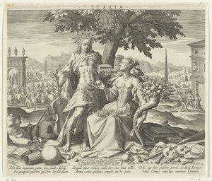 Italien, med Venus og Apollo Italien (titel på objekt) Allegoriske fremstillinger af europæiske lande (serietitel) af Johann Sadeler (I)
