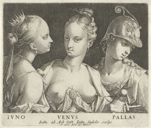 Juno, Venus og Minerva Ivno Venvs Pallas (titel på objekt) af Johann Sadeler (I)