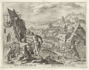 Kain bygger byen Enok Historien om Kains familie / Om gode og dårlige værker (serietitel) Boni et mali scientia (serietitel) af Johann Sadeler (I)