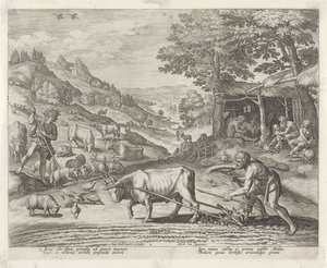 Kain og Abel som landmand og hyrde Historien om Kains familie / Om gode og dårlige værker (serietitel) Boni et mali scientia (serietitel) af Johann Sadeler (I)