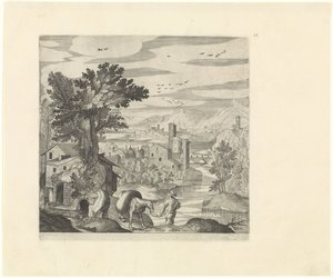 Landskab med en bonde og hans æsel Italienske landskaber (serietitel) af Johann Sadeler (I)