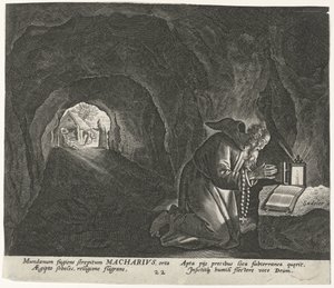 Macarius af Egypten som eremit Mandlige eremitter (serietitel) Solitudo Sive Vitae Patrum Eremicolarum (serietitel) af Johann Sadeler (I)