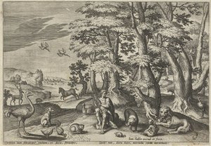 Orpheus, laver musik til dyrene Landskaber med mytologiske scener (serietitel) af Johann Sadeler (I)
