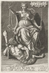Fornuft (forhold) overvinder Violentia (Violentia) Forhold (titel på objekt) Dyderne erobrer lasterne (serietitel) af Johann Sadeler (I)