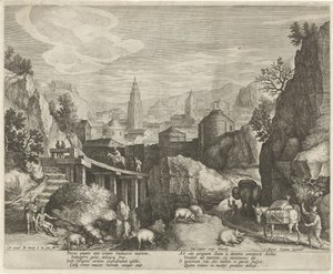 Klippelandskab med fabelen om æslet og vildsvinet Emblemer i et landskab (serietitel) af Johann Sadeler (I)