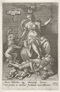 Værdighed (Majestas) overvinder Tyranni (Tyrannier) Maiestas (titel på objekt) Dyderne erobrer lasterne (serietitel) af Johann Sadeler (I)
