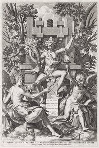 Bacchus siddende på en tønde mellem amor og musik, ca. 1590. af Johann Sadeler I