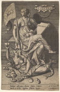Fiducia, en siddende kvinde holder en bog og et banner, mens hun drejer hovedet væk fra en bar-br..., 1579. af Johann Sadeler I