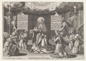 Magnificat: Jomfruen omgivet af musikskabende engle, 1585. af Johann Sadeler I