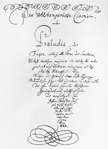 Håndskrevet titelblad for The Well Tempered Piano, 1722 (pen og blæk på papir)