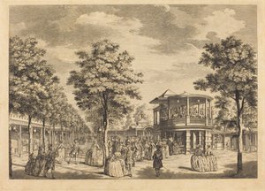 Vauxhall Gardens viser Grand Walk ved indgangen til haven og orkestret med musik af Johann Sebastian Müller after Samuel Wale