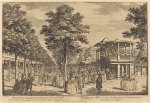 Vauxhall Gardens viser Grand Walk ved indgangen til haven og orkestret med musik af Johann Sebastian Müller after Samuel Wale
