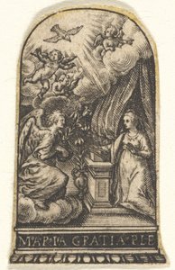 Bebudelse, Mary knæler ved en talerstol, da Gabriel nærmer sig på en sky fra ..., ca. 1580-1600.