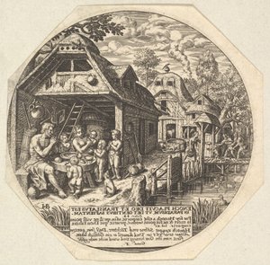 Enoch og hans familie omringer et måltidsbord og holder deres hænder i en gestus..., ca. 1580-1623.