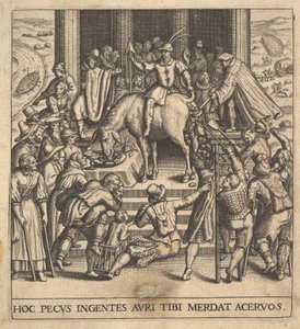 Mænd, der samler møg, der falder fra bagparten af et muldyr, med en rytter siddende ba..., 1592-1614. af Johann Theodor de Bry