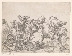 To musketerer til hest skyder på en rytter Kampscener (serietitel) Capricci di varie battaglie (serietitel)