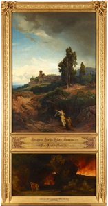 Abrahams Bitte für Sodom (oben). Die Flucht Lots (unten). Aus dem Zyklus "Zwölf biblische Landschaften mit der Geschichte Abrahams" af Johann Wilhelm Schirmer
