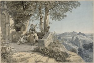 Klippelandskab; i forgrunden en ung kvinde med tre børn og en hund foran en romansk portal af Johann Wilhelm Schirmer