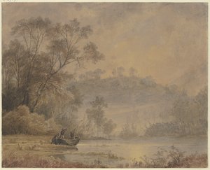 Waldsee, hvorfra en båd med tre mænd lægger fra land af Johann Wilhelm Schirmer