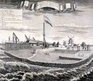 Hollandsk East India Company træ- eller savværk på øen to miles fra Batavia, pub. 1744. af Johann Wolfgang Heydt