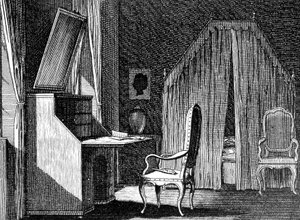 Werthers værelse, illustration af Daniel Chodowiecki (1726-1801), gravering inspireret af The Sorrows of Young Werther af Johann Wolfgang von Goethe (1749-1832)